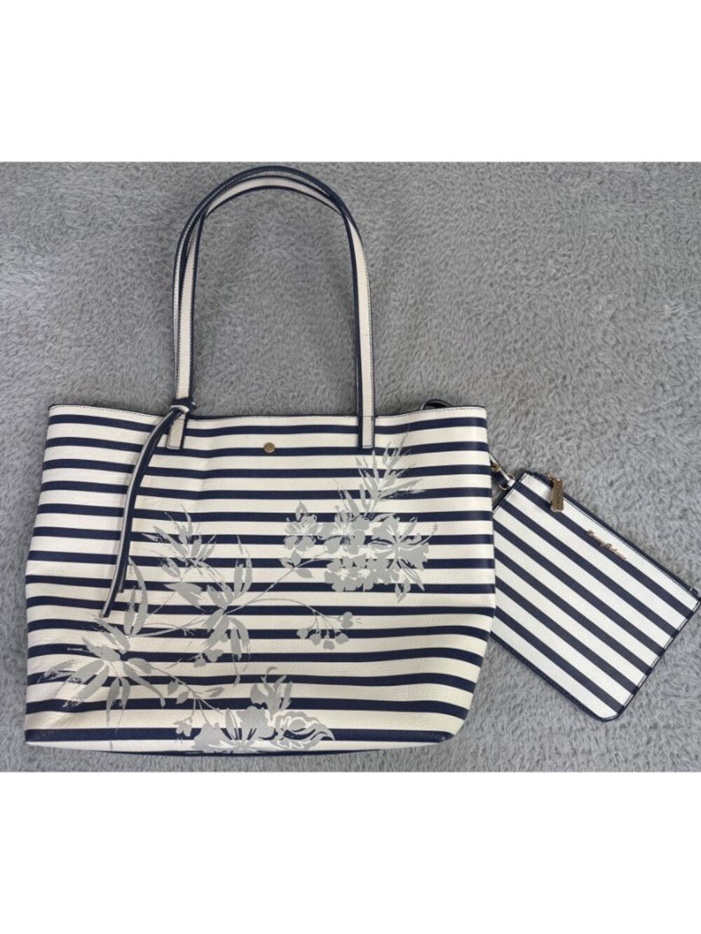 Tommy Bahama Floral Stripe Tote W/Pouch Navy White Faux Leather Travel Beach 90s - Picture 3 of 16